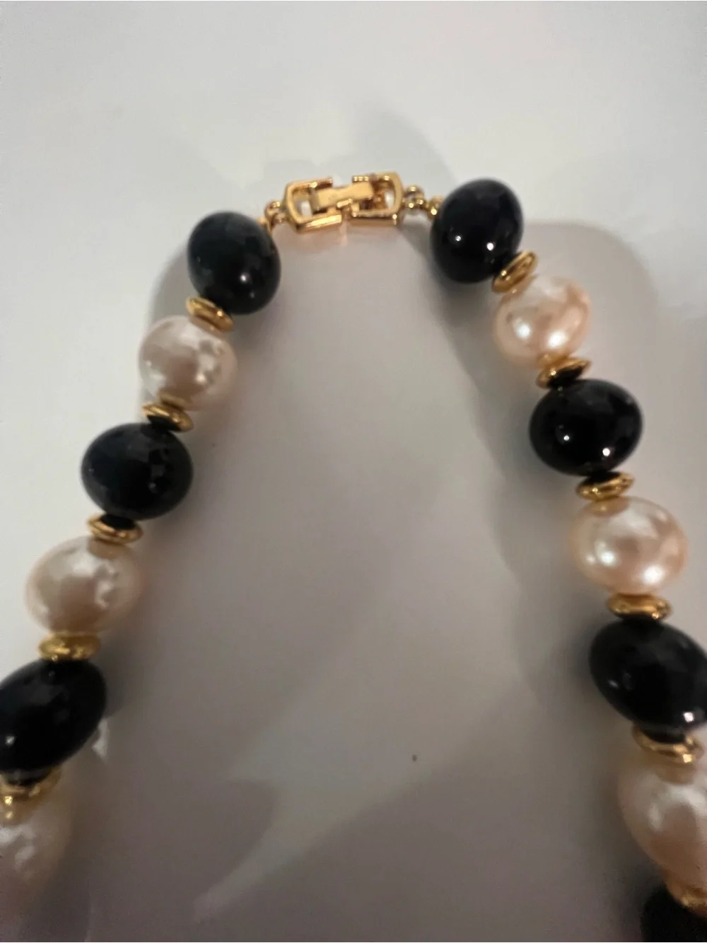 Classic Black & Ivory Pearl Bead Necklace - Gold Accents